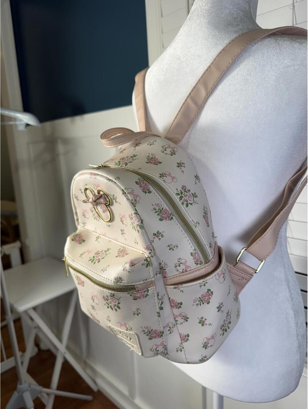 Loungefly Disney Minnie Mouse Floral Rose Mini Backpack Cream Pink - Picture 3 of 9